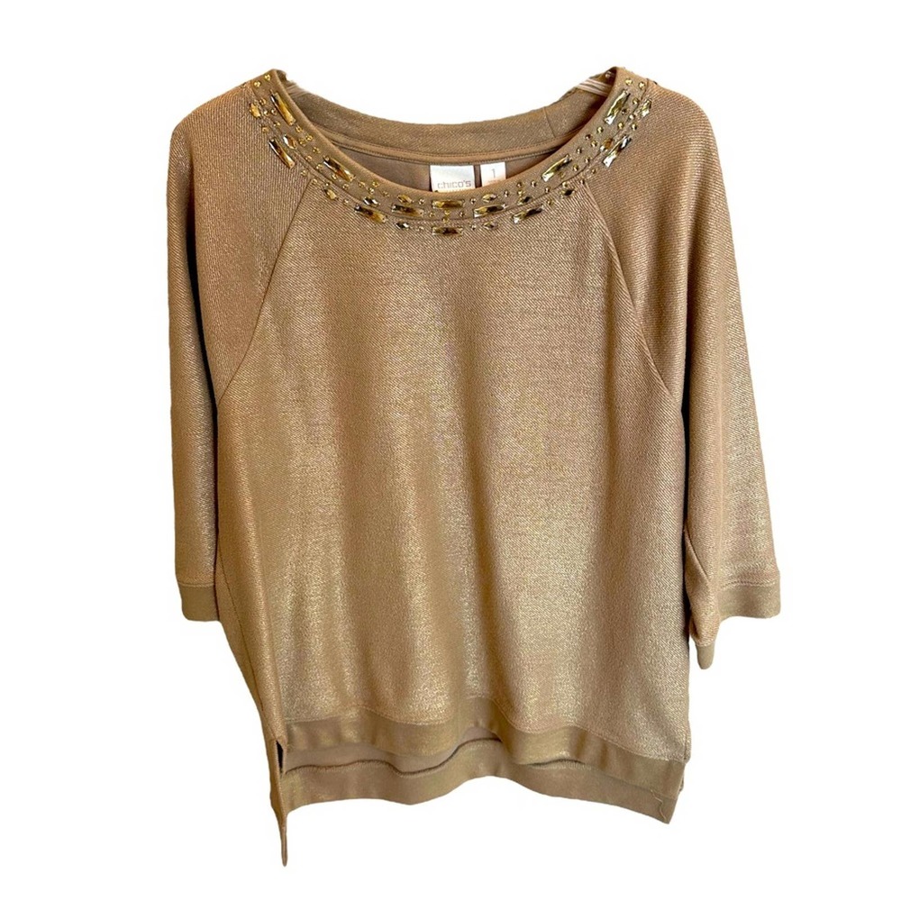 Chico’s Gold Metallic Sweater Jeweled Neckline 3/4 Sleeve Shimmer Womens Medium
